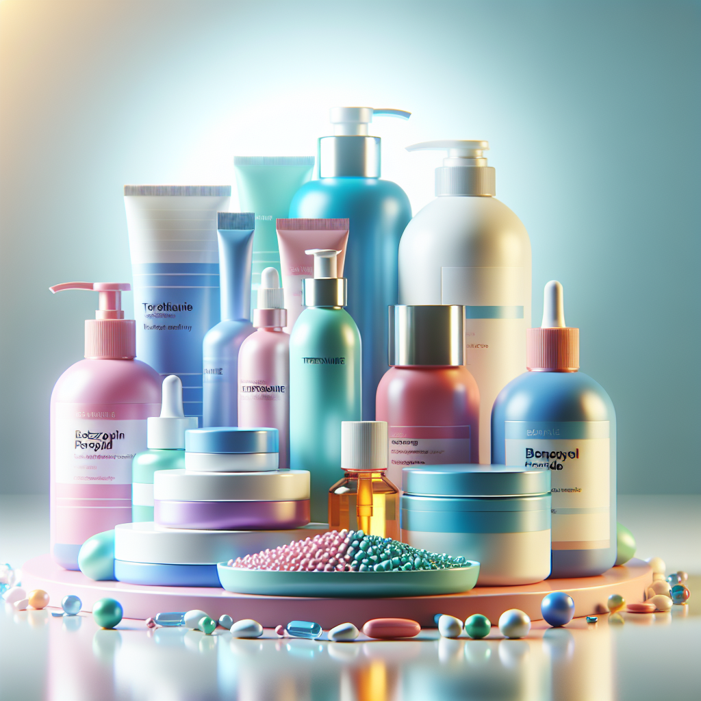 A vibrant display of various skincare products containing prescription strength ingredients like tretinoin, hydroquinone, and benzoyl peroxide on a clean bathroom counter