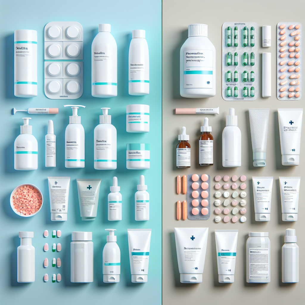 A split image showing over-the-counter skincare products on one side and prescription skincare products on the other side in an aesthetic layout