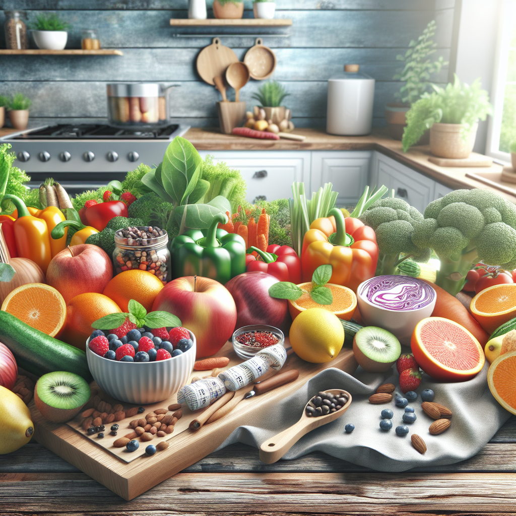 A vibrant kitchen filled with healthy foods like fruits, vegetables, and lean proteins arranged artistically, symbolizing a diet for belly fat loss