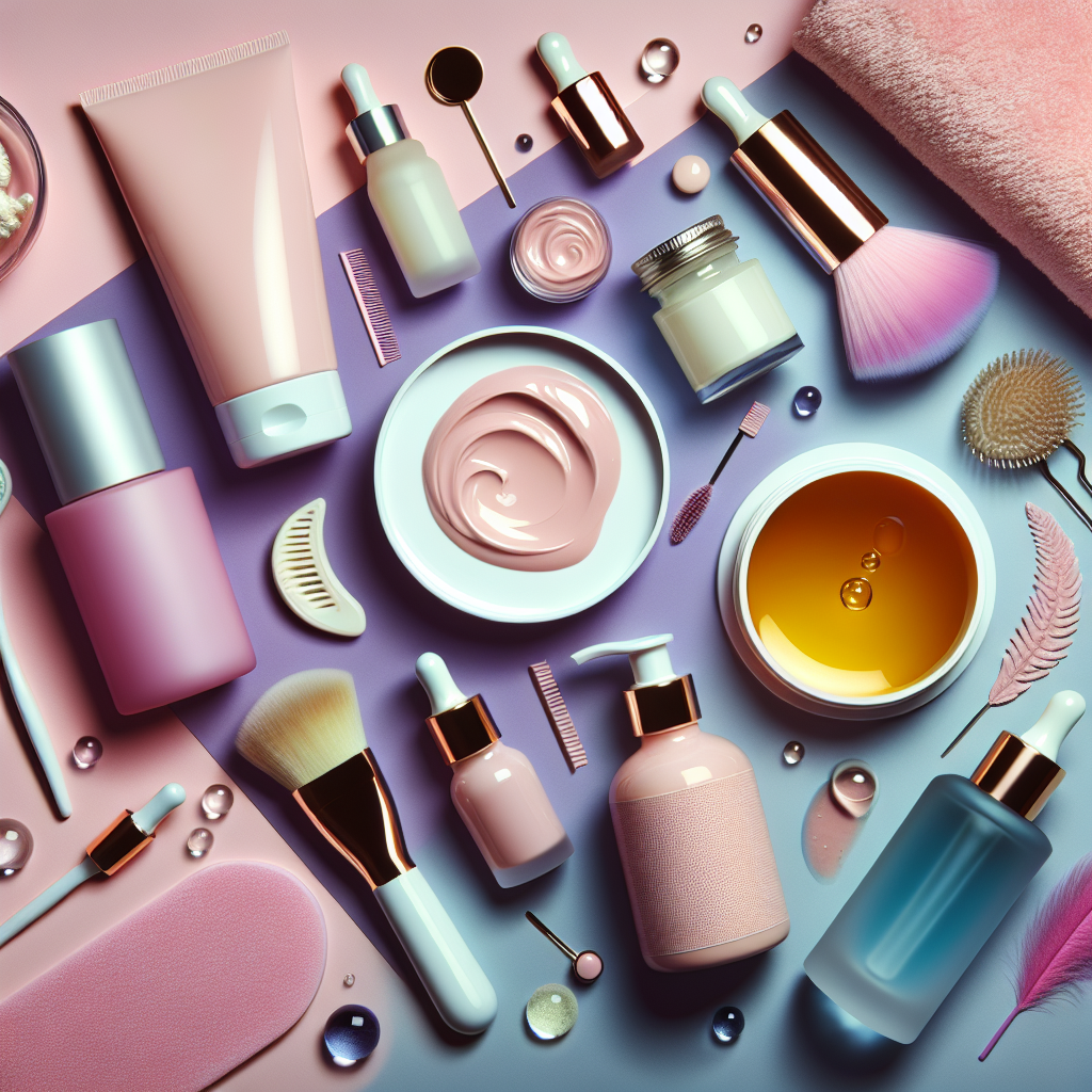 A vibrant skincare routine setup featuring various pore minimizing products such as serums, cleansers, and masks