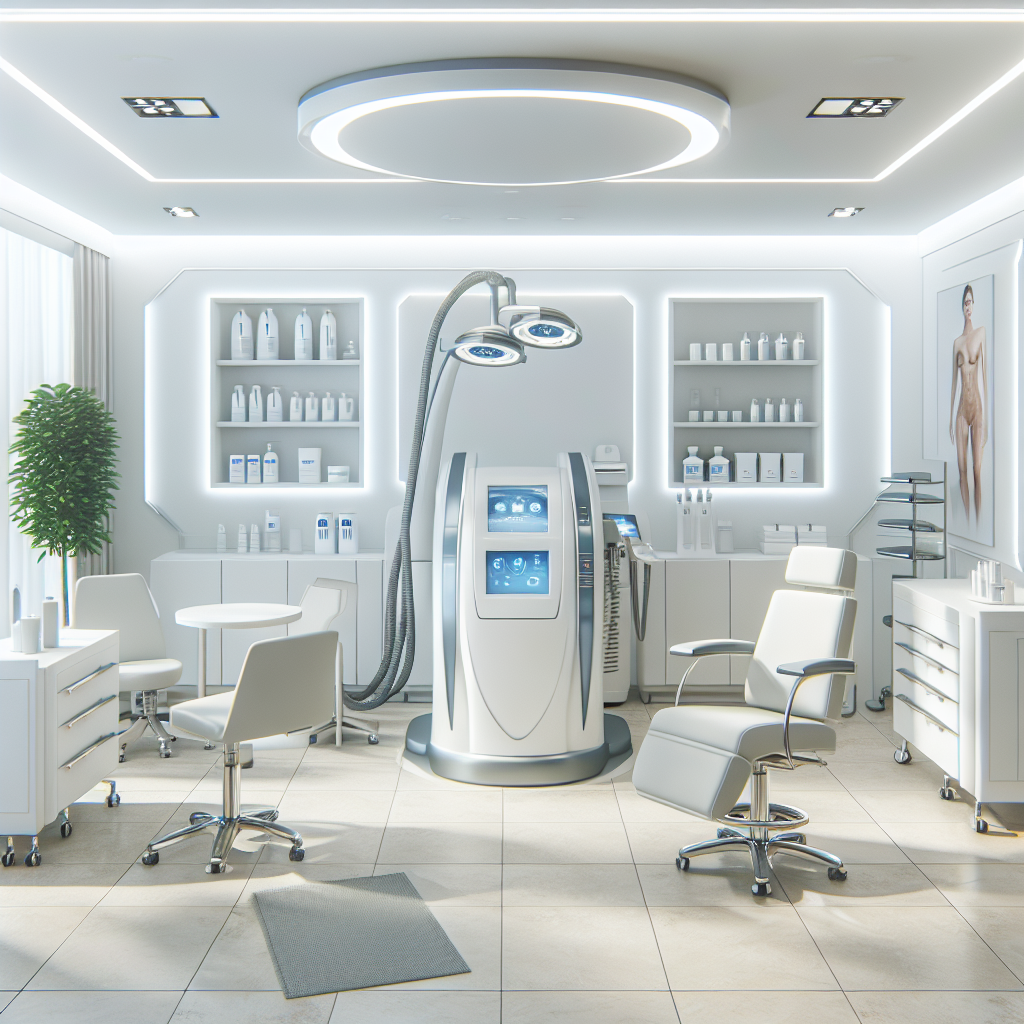 A modern wellness clinic interior with advanced medical equipment focused on body contouring treatments