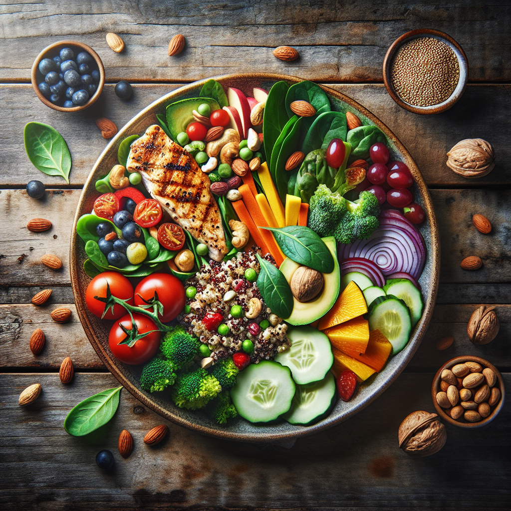 A vibrant plate filled with healthy foods like quinoa salad, grilled chicken, colorful vegetables, nuts, and fruits on a wooden table