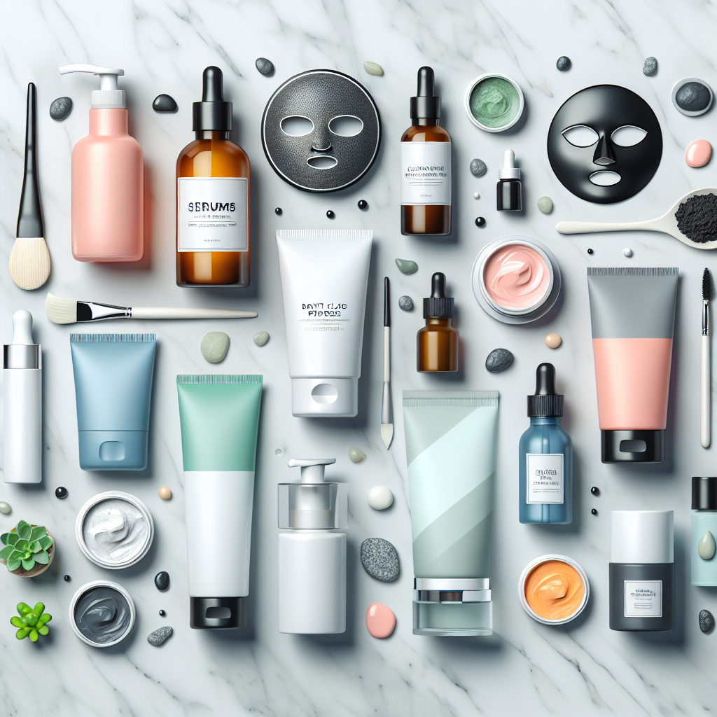 A flat lay of various skincare products including serums, non-comedogenic lotions, charcoal masks, and clay masks arranged aesthetically on a marble background