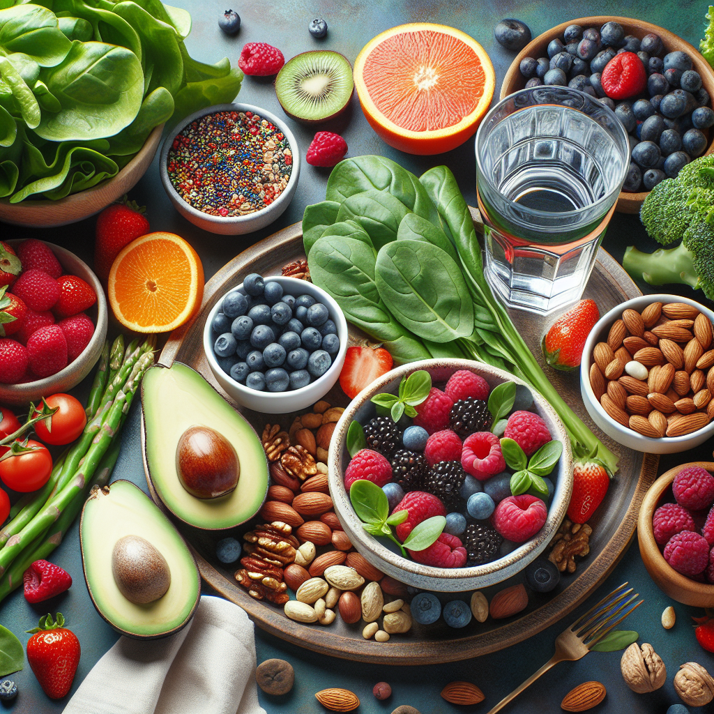 A vibrant flat lay of healthy foods including berries, avocados, leafy greens, nuts, and seeds arranged aesthetically with a glass of water
