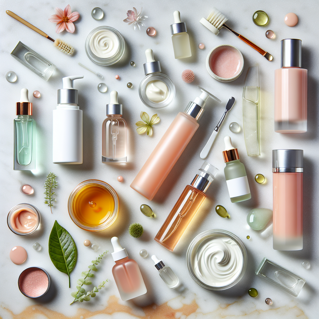 A visually appealing flat lay of various Hydrinity skincare products including serums, moisturizers, and ingredients like hyaluronic acid and vitamin C