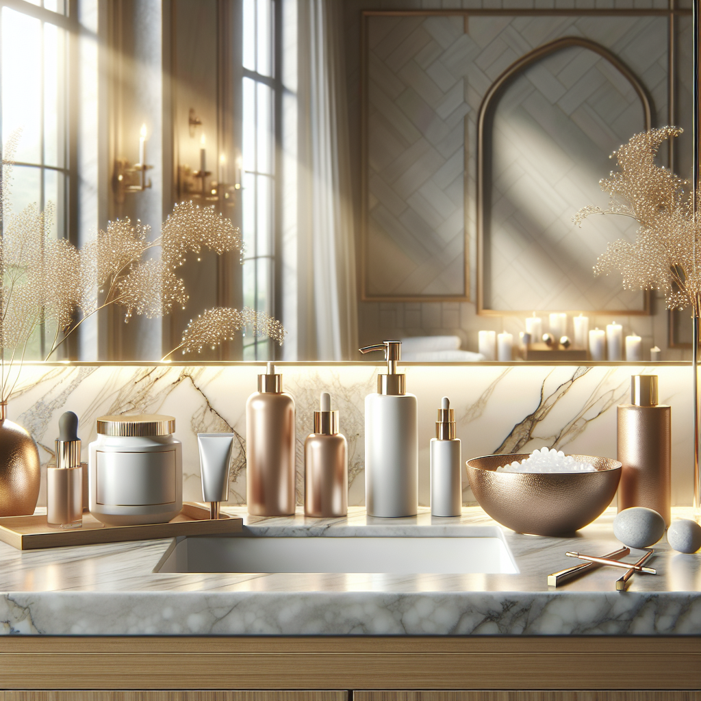 A stylish bathroom countertop displaying various Hydrinity skincare products arranged elegantly with natural light illuminating them