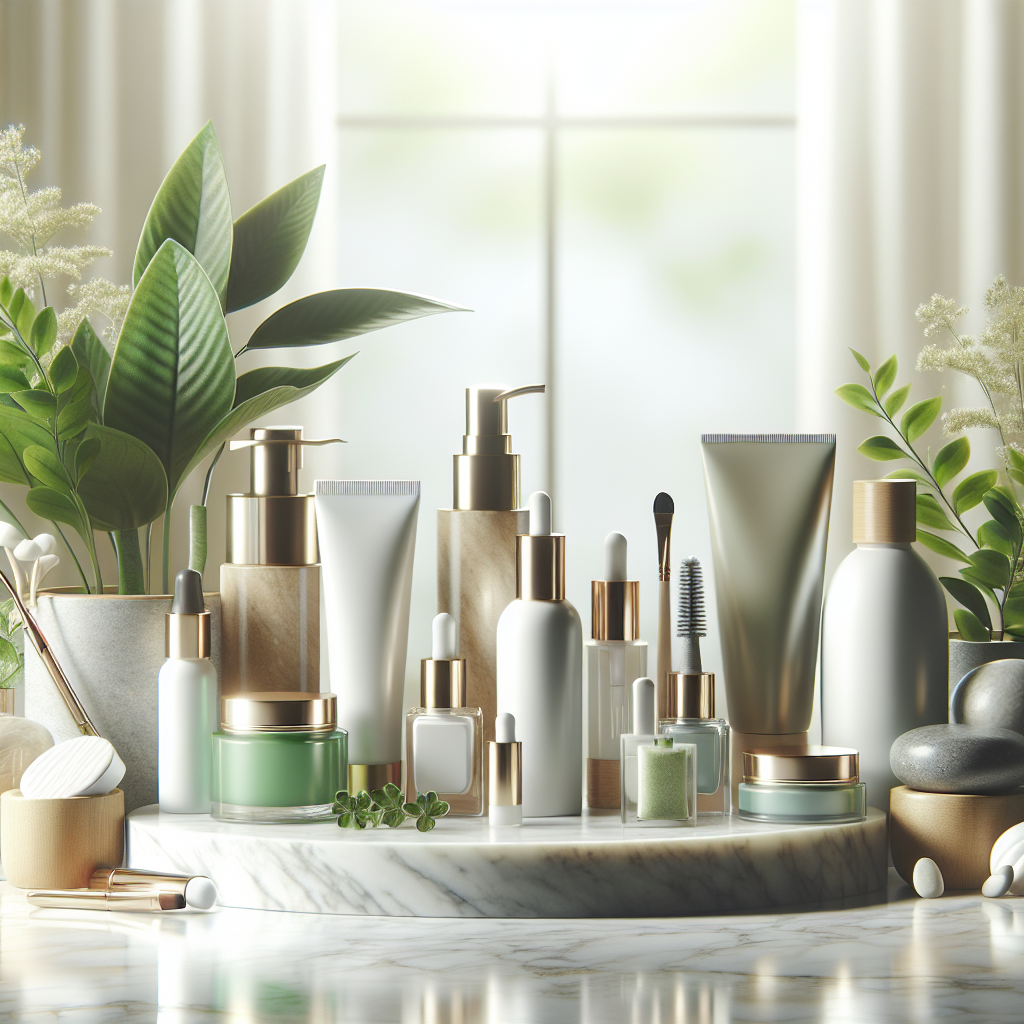 A bright and vibrant skincare routine setup featuring Hydrinity products on a marble countertop, with soft lighting and green plants in the background