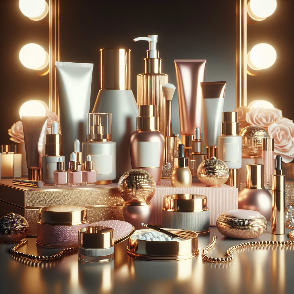 A beautifully arranged collection of Hydrinity Skincare products on a vanity table with soft lighting