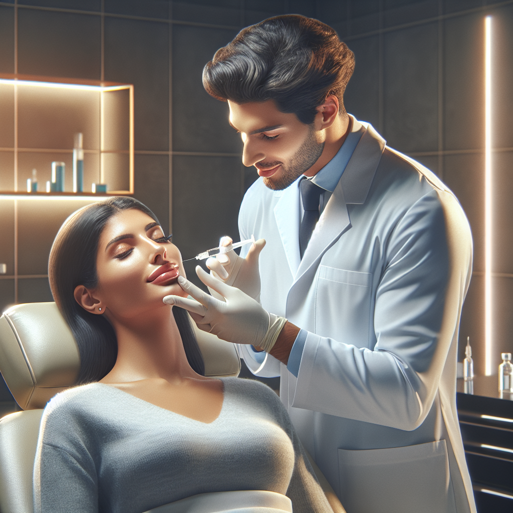 A skilled <a href='https://innovationswellnessmedspa.com/injectables/dermal-fillers-natural-treatment-innovations/'>cosmetic injector</a> performing lip enhancement on a patient in a modern medspa setting