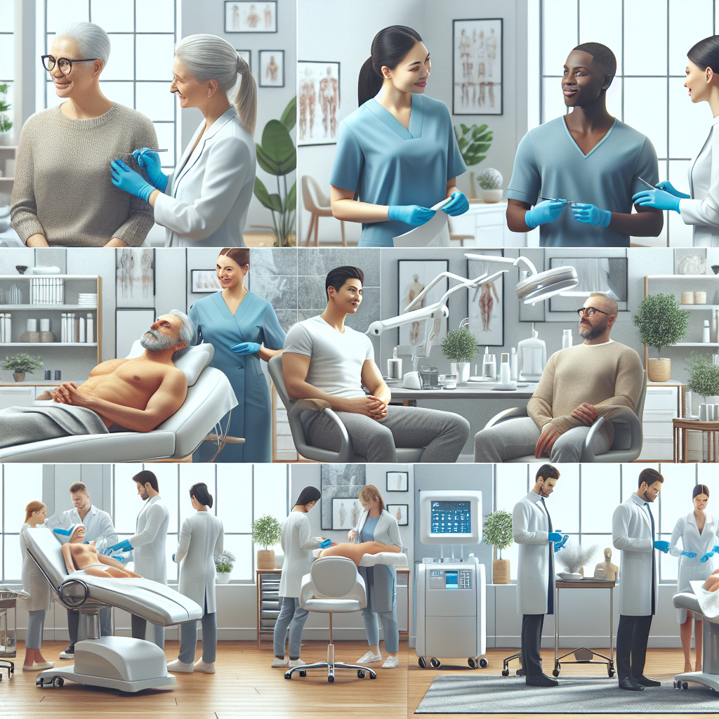 A modern aesthetic clinic showcasing various body sculpting treatments being performed on clients