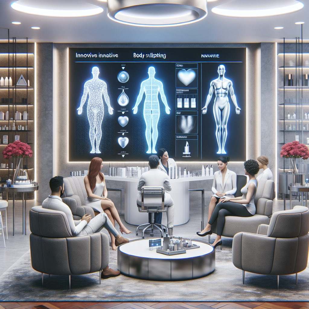 A modern aesthetic clinic showcasing advanced body sculpting technology with clients receiving non-invasive treatments
