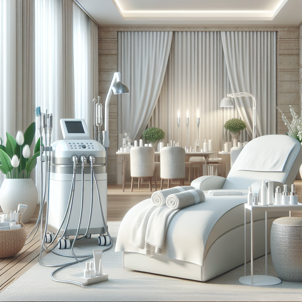A serene spa environment showcasing various advanced anti-aging treatment equipment including laser therapy machines and microdermabrasion devices.