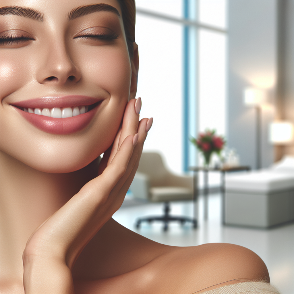 A close-up image of a smiling woman with naturally full lips and smooth skin after receiving Juvederm Ultra Plus injections. The setting is bright and inviting, showcasing a modern medspa environment.
