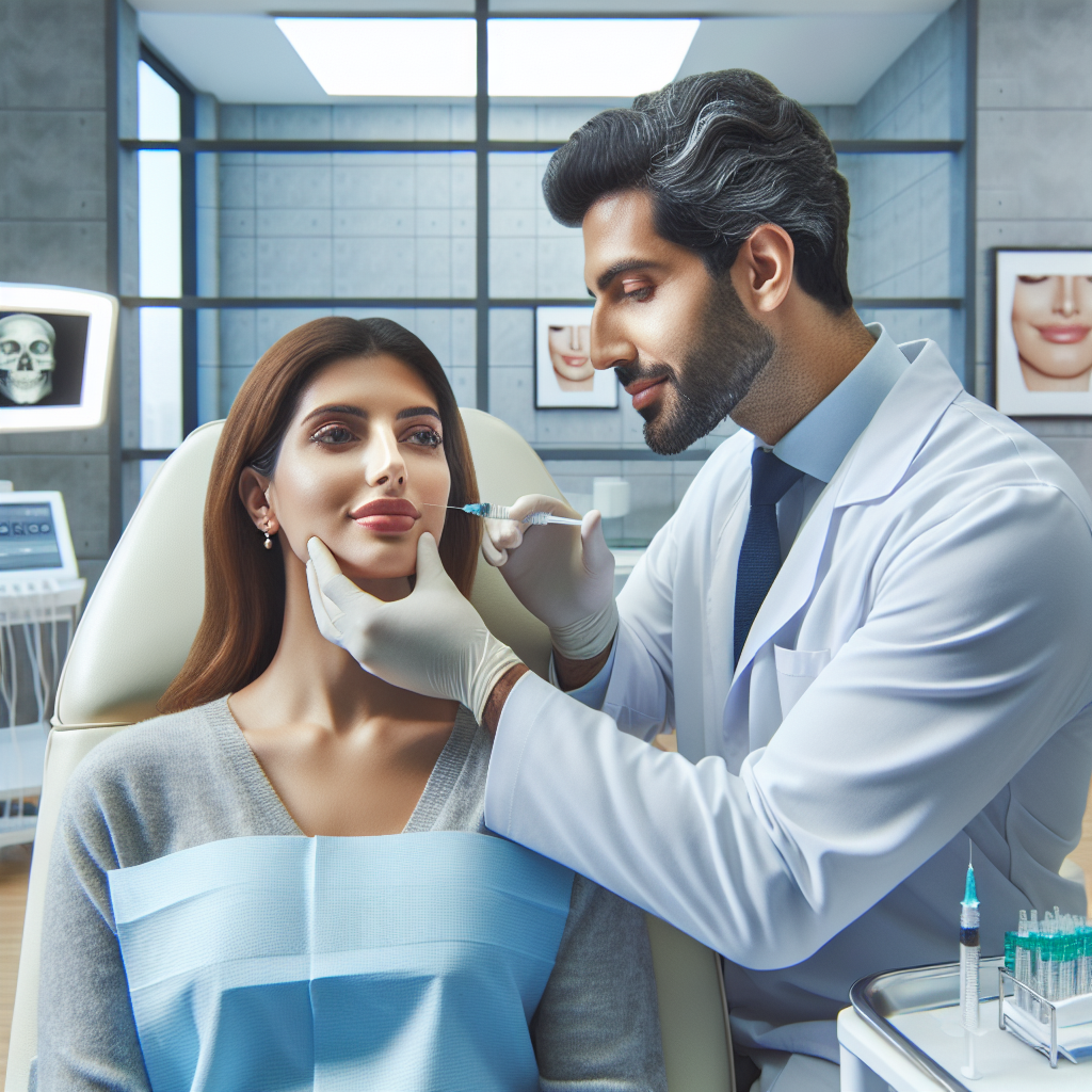 A dermatologist injecting Juvederm Ultra Plus into a patient's lips in a modern clinic setting