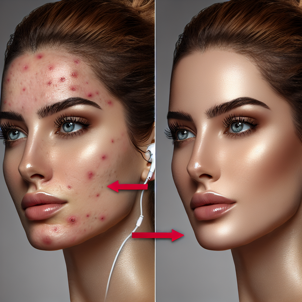 A before-and-after comparison of a woman's face showcasing the results of a VI chemical peel. The left side shows dull skin with acne scars, while the right side displays smooth, glowing skin after treatment.