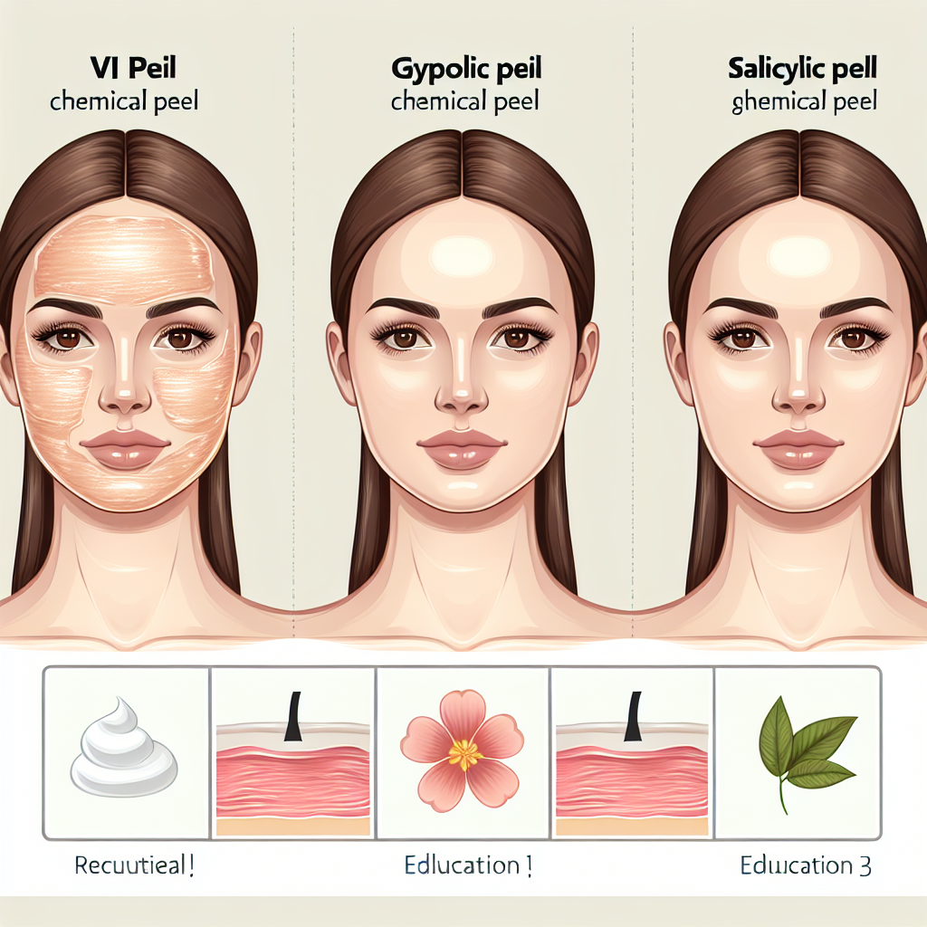 A side-by-side comparison of different types of chemical peels including VI Peel, Glycolic Peel, and Salicylic Peel with visual effects showing skin texture improvements
