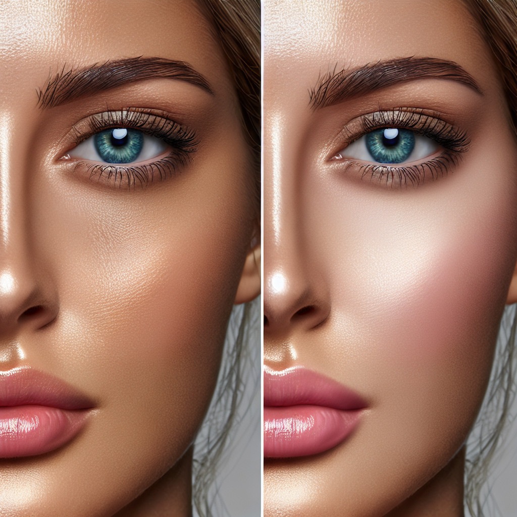 A close-up photograph showing before and after results of under eye filler treatment on a woman's face