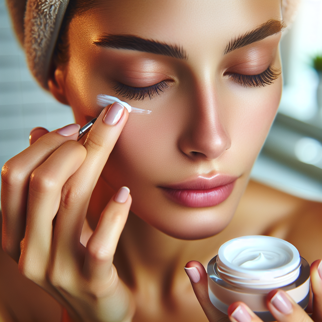 A close-up photo of a woman applying skincare products around her eyes in a bright bathroom setting