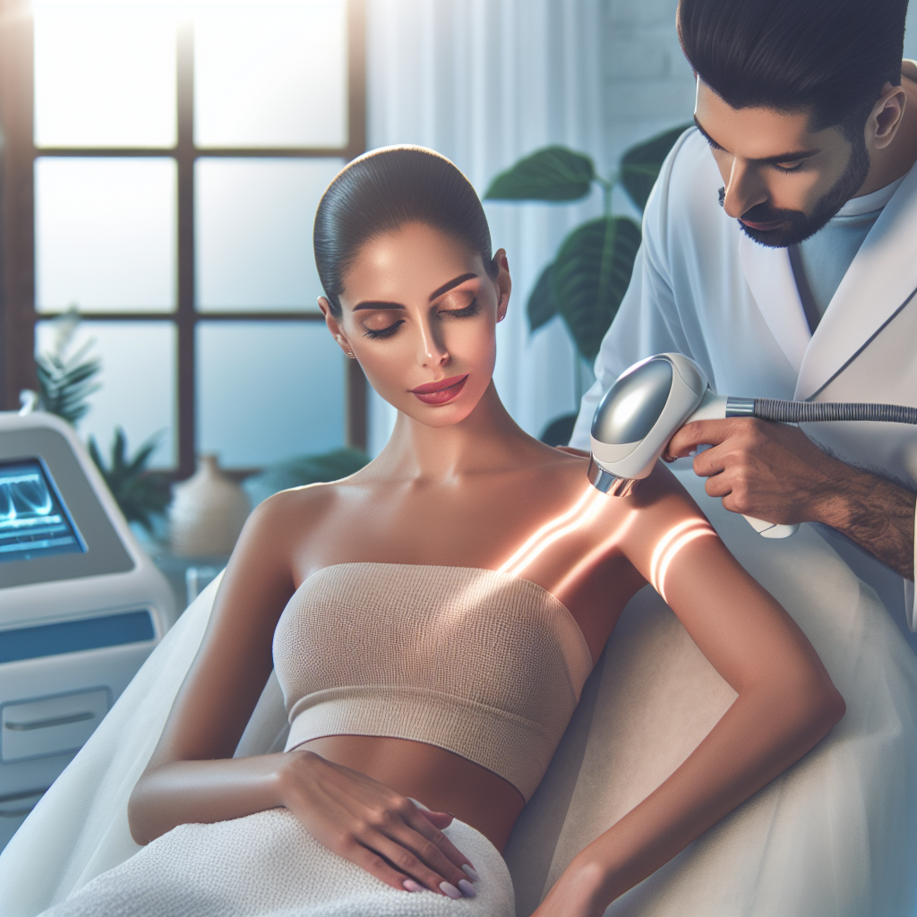 A professional medspa setting showcasing a patient receiving Moxi laser treatment with a dermatologist explaining the process