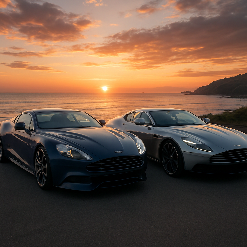 A stunning side-by-side view of an Aston Martin Vanquish and DB11 parked on a scenic coastal road during sunset