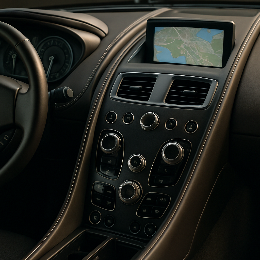 An elegant close-up shot of an Aston Martin Vanquish dashboard showcasing luxury features and technology
