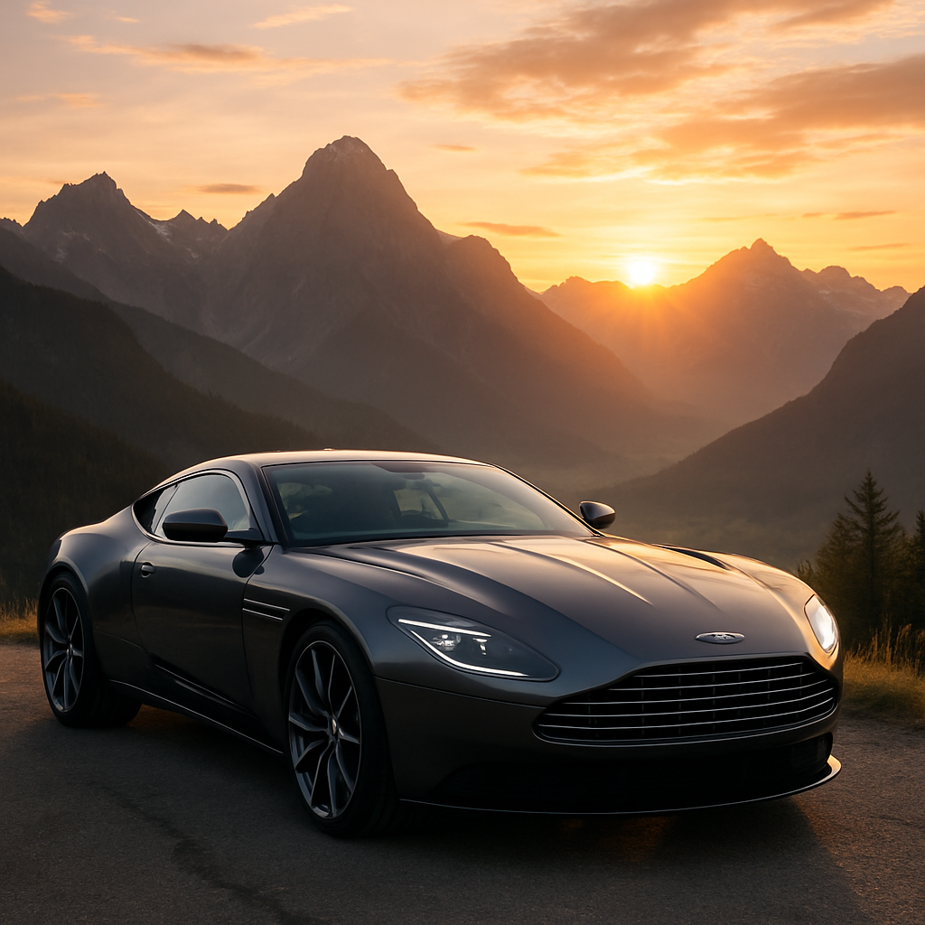 A breathtaking view of an Aston Martin DB11 parked against a picturesque mountain backdrop during sunrise