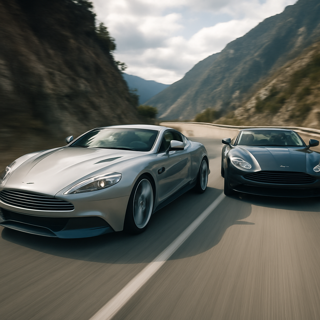 An action shot of an Aston Martin Vanquish racing alongside an Aston Martin DB11 on a winding mountain road