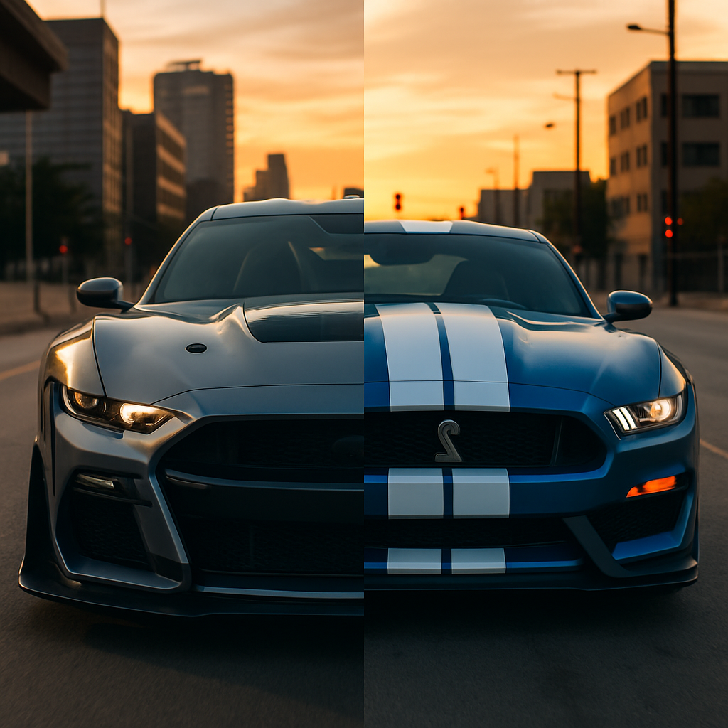 A dynamic split image showcasing a 2024 Ford Mustang GTD on one side and a Shelby GT500 on the other side against an urban backdrop at sunset