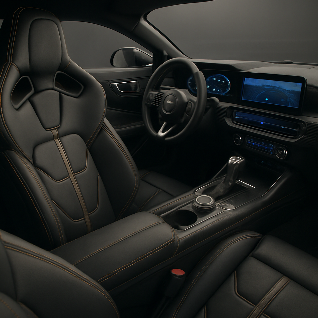 A close-up shot of the interior of a 2024 Ford Mustang GTD showcasing luxurious leather seats and advanced dashboard technology