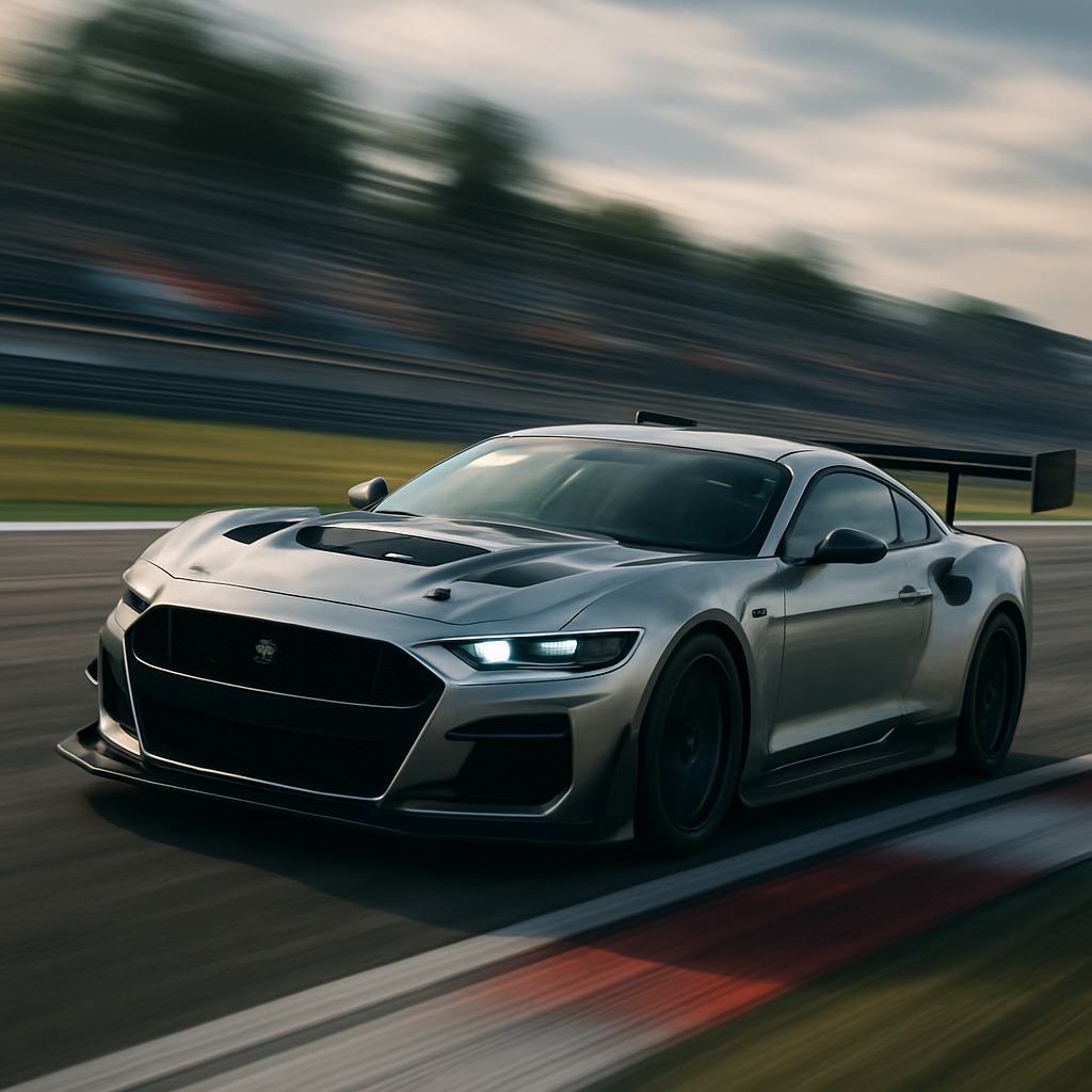 A dynamic action shot of a 2024 Ford Mustang GTD accelerating on a racetrack with blurred motion effects