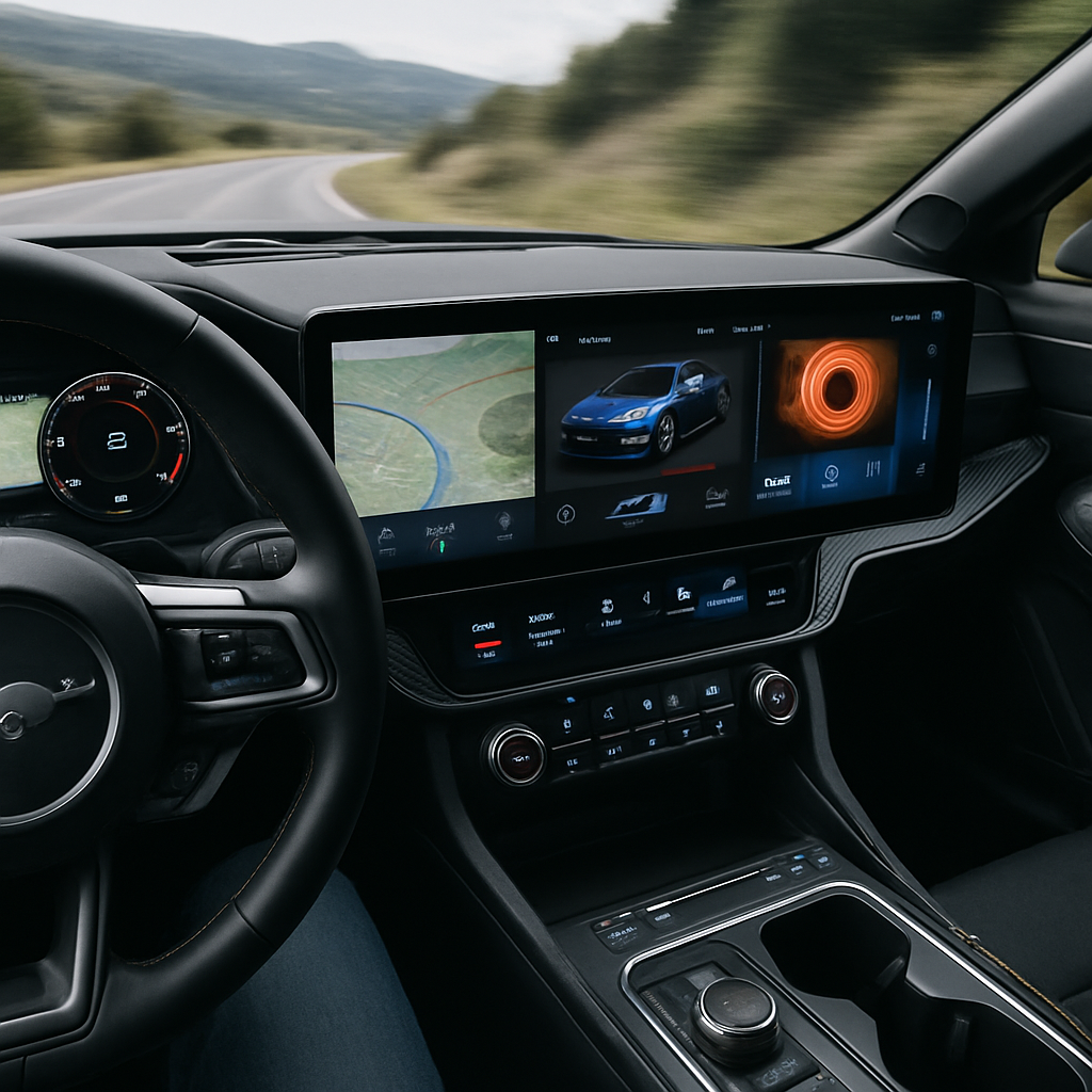 A dynamic dashboard view of a 2024 Ford Mustang GTD showcasing its advanced infotainment system while driving