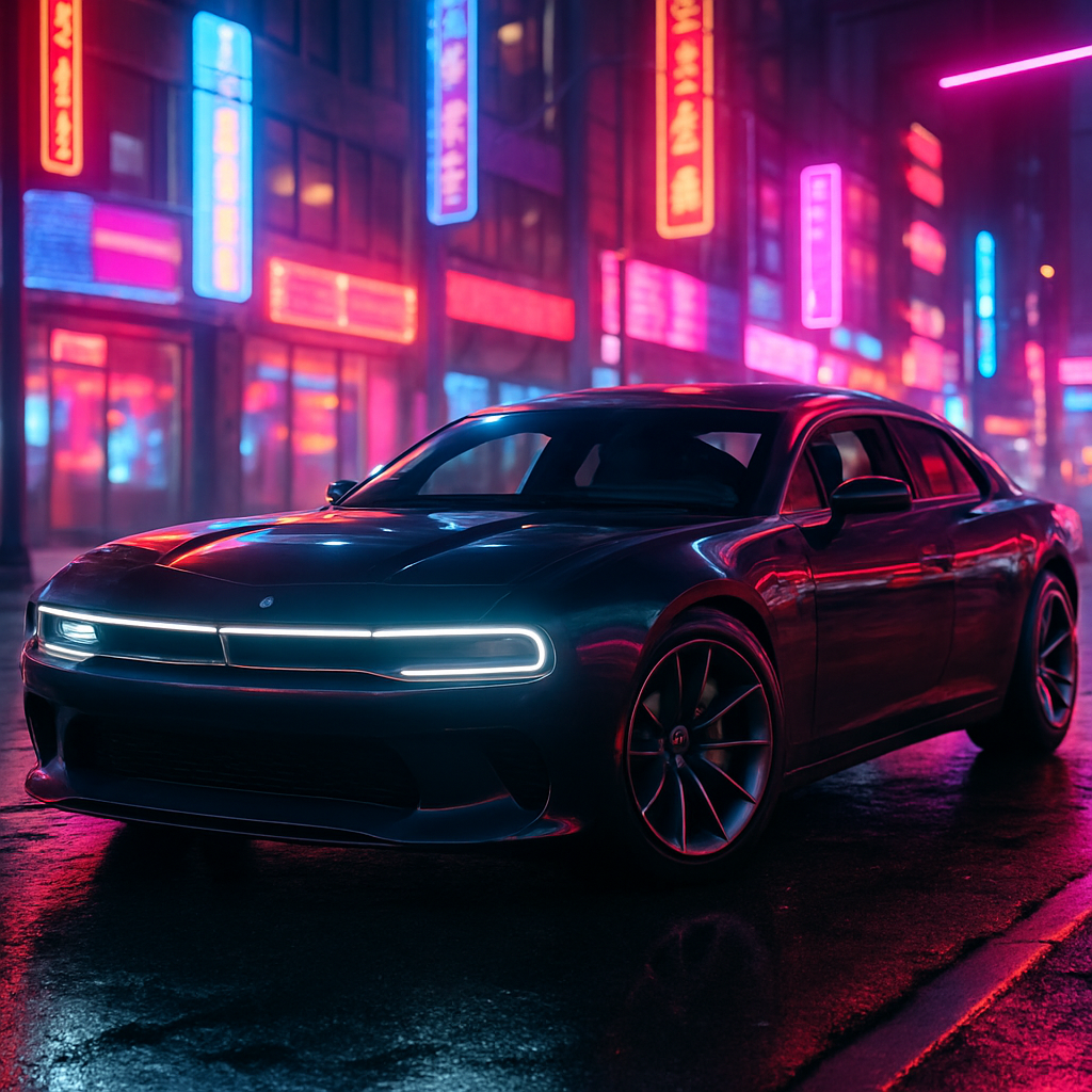 A futuristic Dodge Charger Daytona EV parked in an urban setting with neon lights reflecting off its sleek body