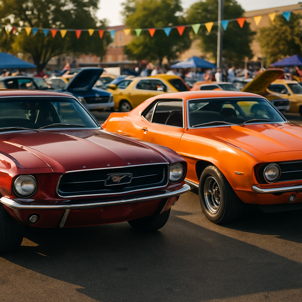A classic Ford Mustang and Chevrolet Camaro parked side by side in a vibrant car show setting