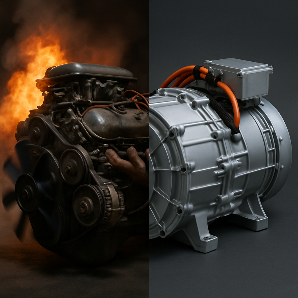 A split image showing a roaring V8 engine on one side and a silent electric motor on the other