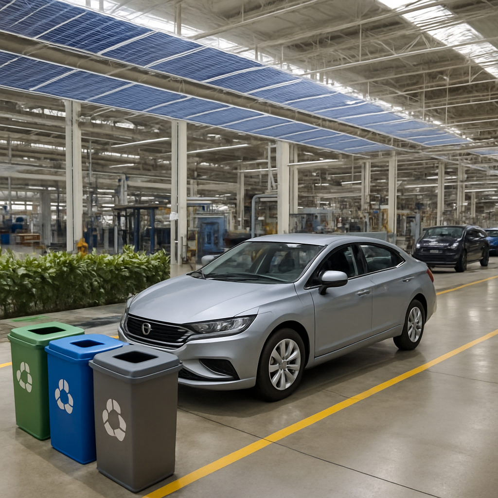 A modern automotive factory showcasing sustainable practices with solar panels and recycling stations