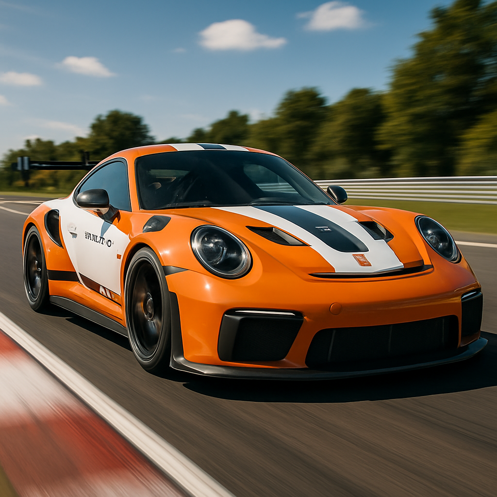 A sleek Porsche 911 GT3 RS Hybrid racing on a track, showcasing its aerodynamic design and vibrant color scheme under bright sunlight