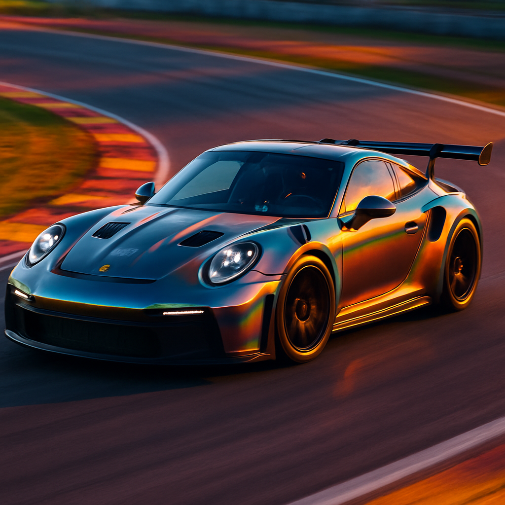 A dynamic shot of a Porsche 911 GT3 RS Hybrid taking a sharp turn on a racetrack with vibrant colors reflecting off its sleek body