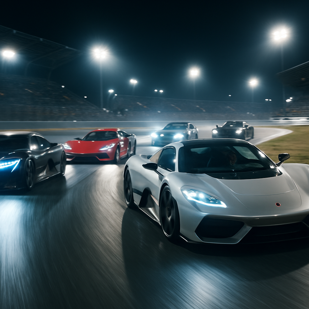 A futuristic racetrack scene featuring multiple high-performance hybrid sports cars competing against each other under bright lights