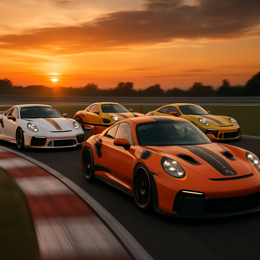 A dynamic shot capturing multiple Porsche 911 GT3 RS Hybrids racing on a track during sunset, showcasing their sleek designs and vibrant colors