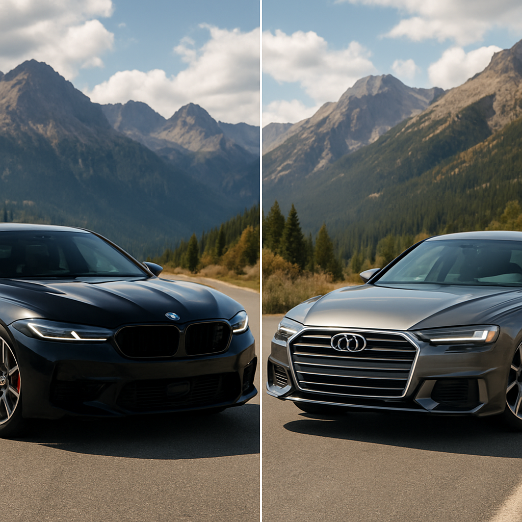 A dynamic side-by-side comparison image featuring a sleek BMW M5 G90 and an elegant Audi S6 parked on a scenic road with mountains in the background