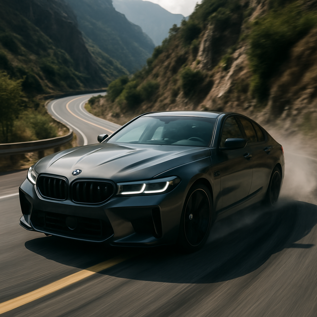 A dynamic action shot of a BMW M5 G90 taking a sharp corner on a winding mountain road showcasing its handling prowess
