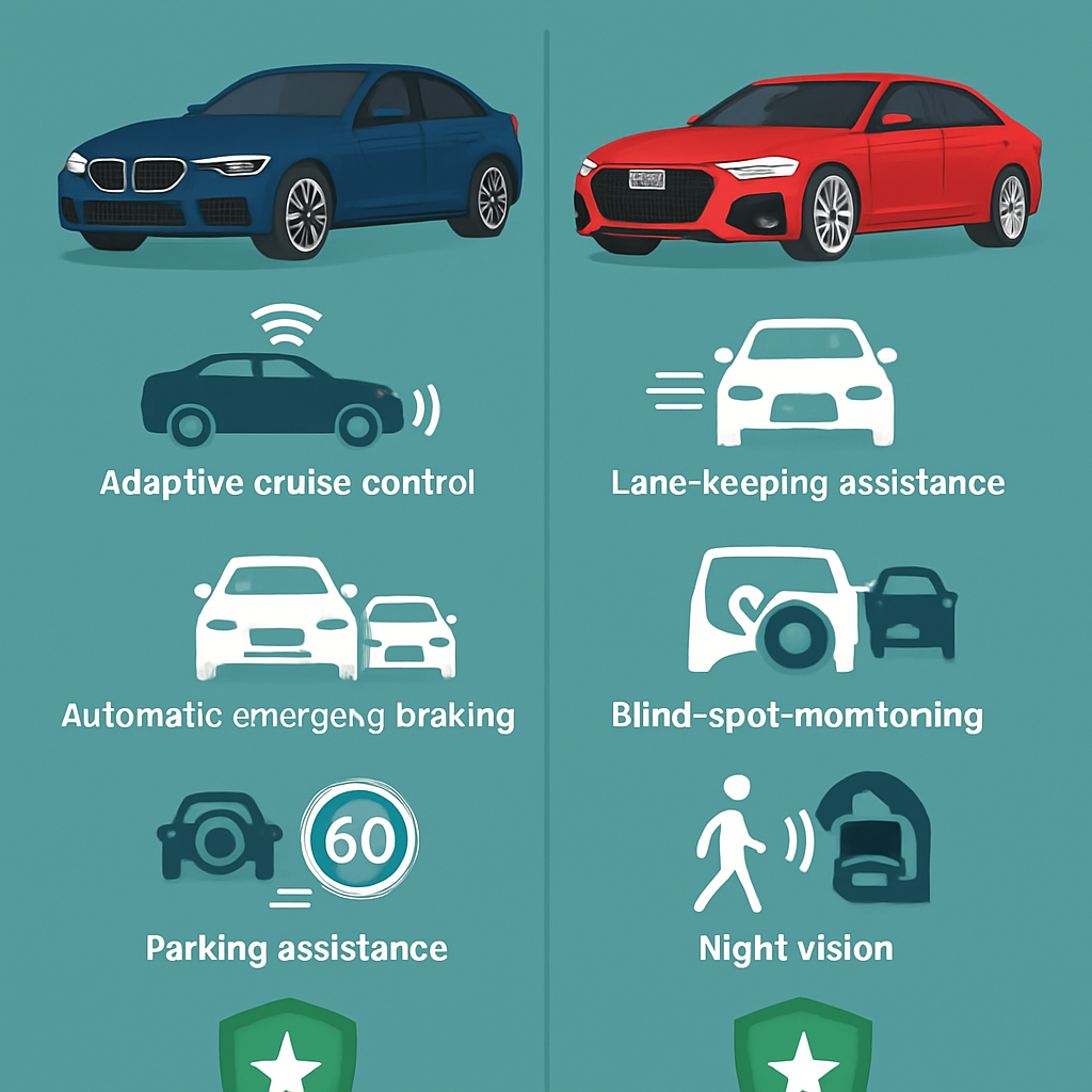 A detailed infographic comparing safety features of BMW M5 G90 vs Audi S6 highlighting advanced technologies and ratings