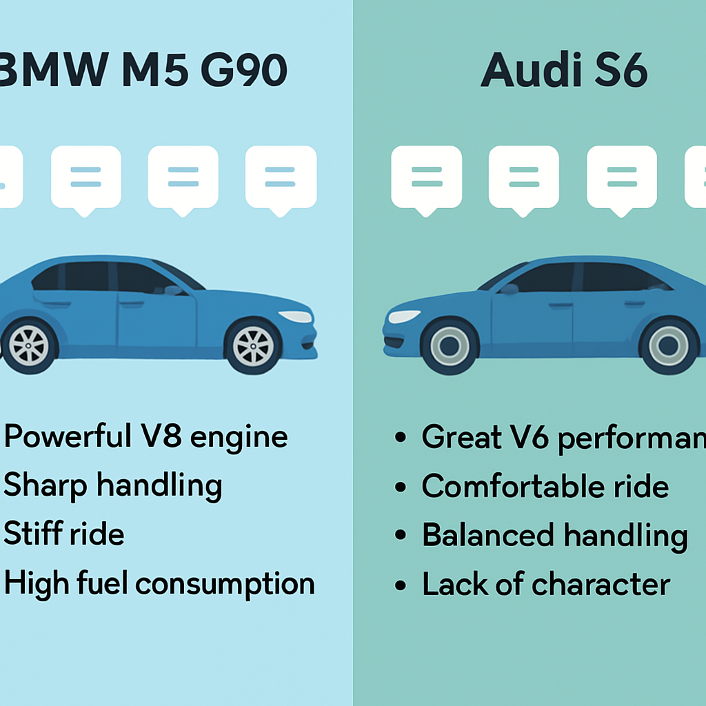 A split image showing user reviews from forums about BMW M5 G90 on one side and Audi S6 on the other, highlighting key points from each vehicle's user experiences