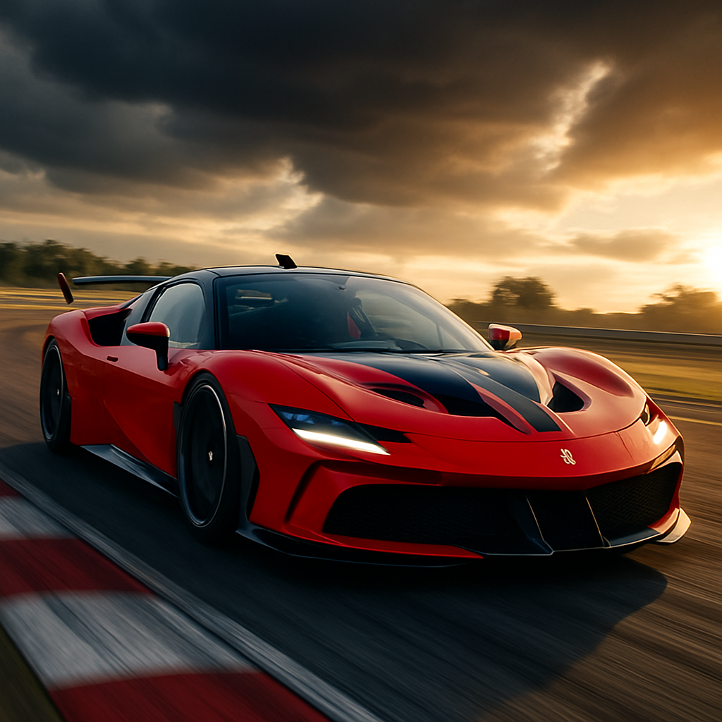 Ferrari Stradale SF90 XX in dynamic motion on a racetrack with dramatic lighting