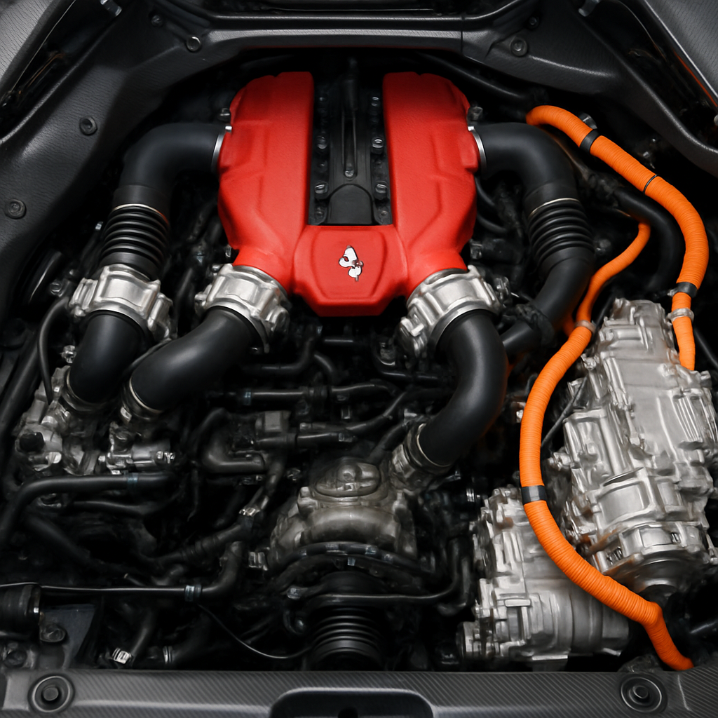 Close-up view of Ferrari Stradale SF90 XX engine showcasing hybrid technology