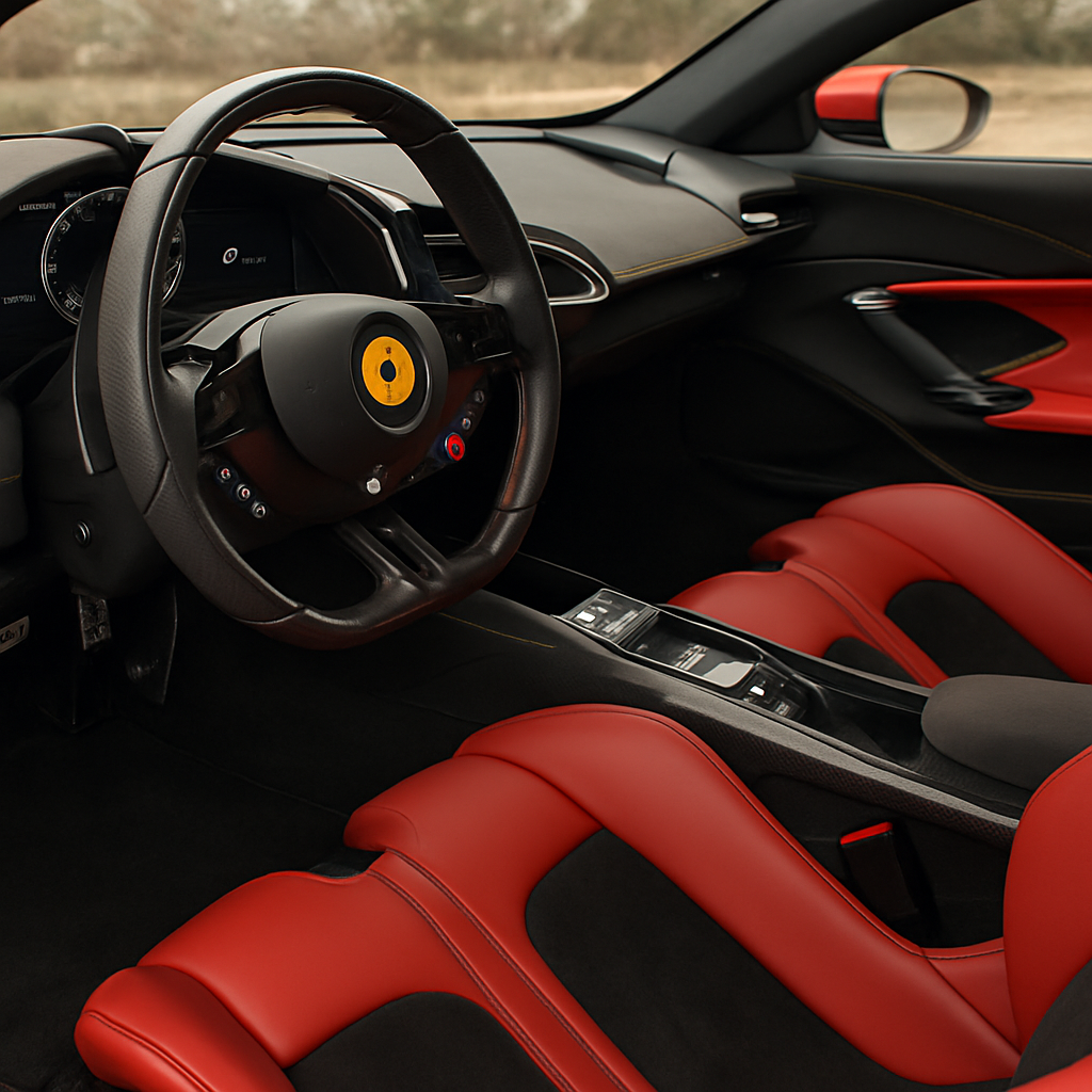 Interior view of Ferrari Stradale SF90 XX showcasing luxurious materials and driver-focused layout