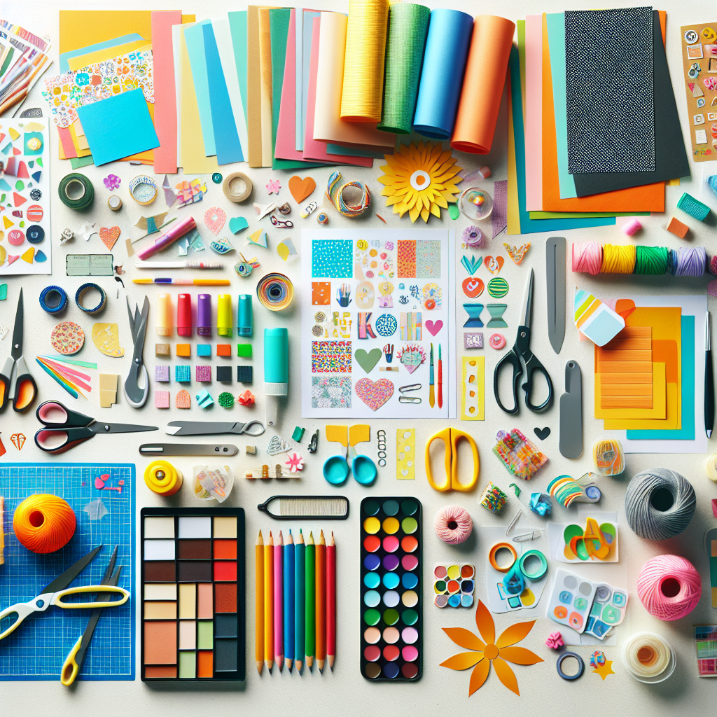A vibrant workspace filled with various crafting materials like papers, scissors, stickers and tools laid out ready for a DIY project.