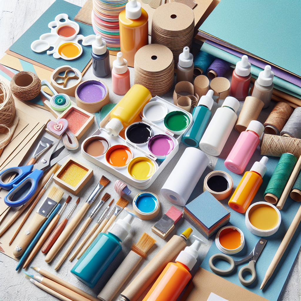 A close-up shot of various high-quality craft materials like premium paints, textured papers, and eco-friendly glues displayed attractively.