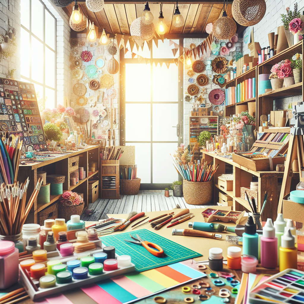 A vibrant display of assorted wholesale craft supplies including colorful papers, paints, and tools organized neatly in an inviting workspace.