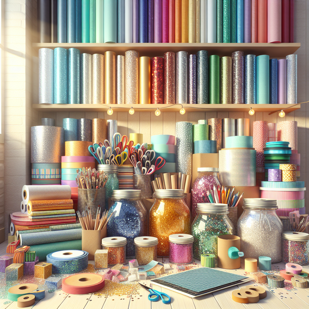 A vibrant workspace showcasing various bulk craft supplies like rolls of colorful paper, jars of glitter, and stacks of ribbons neatly organized together.